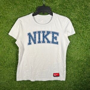Nike Team Graphic T-Shirt White Blue Varsity Logo Jock Tag Small